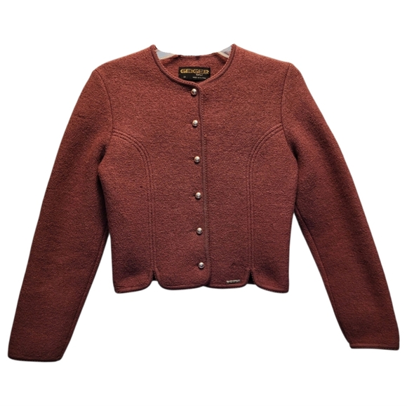 Vintage Geiger Tyrol Women's Rose Pink Structured Cropped Wool Cardigan - Sz 38 - Picture 1 of 9